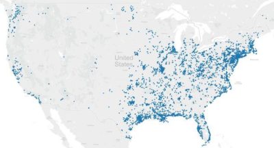 Map of the National Flood Insurance Program's 30,000 severe repetitive loss properties, using the zip codes given for each policy.