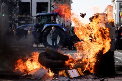 Flemish farmers protest proposed rules to reduce nitrogen emissions from fertilizers and livestock, in Brussels in March. 