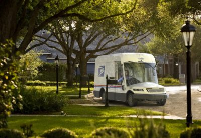 A rendering of the new USPS mail truck, which may be equipped with a gasoline or electric drivetrain.
