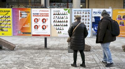 Campaign posters in Espoo, Finland prior to the nation's elections in April.

