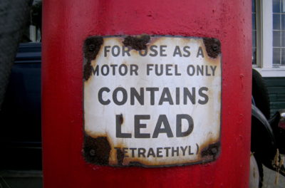 Lead warning on an old gas pump in Lynnwood, Washington.