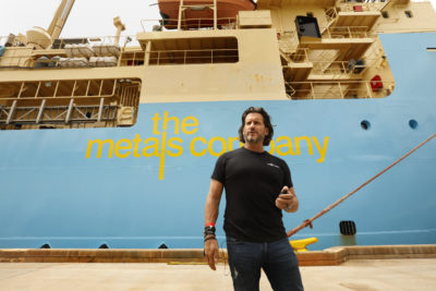 Gerard Barron, CEO of The Metals Company, in front of the Maersk Launcher, a research ship that recently returned to San Diego after gathering samples from deep in the ocean floor, June 2021. 