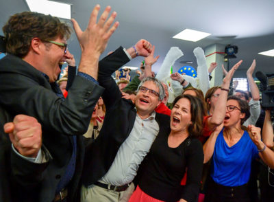Leaders of the German Greens party celebrate on election night, May 26, in Berlin.