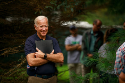 Then-presidential candidate Joe Biden preparing to give a speech at the Water Works Park in Des Moines, Iowa in 2019. 