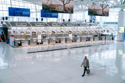 A man walks past closed Air France counters at the John F. Kennedy International Airport in New York City on March 12.