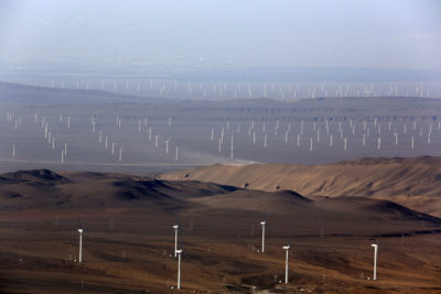 Hundreds of wind turbines in China's northwestern Xinjiang Province in July 2016.