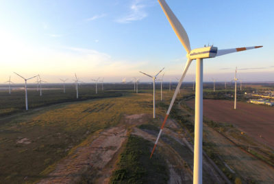 Wind turbines on land that was formerly an open-pit coal mine in Brandenburg, Germany. 