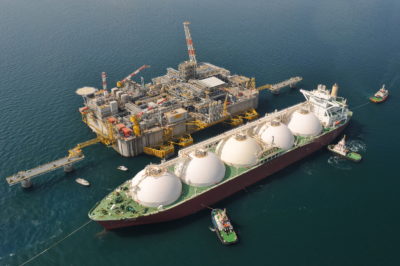 The Adriatic LNG import terminal near Porto Levante, Italy receiving a shipment of liquefied natural gas.