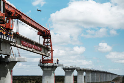 Construction of the Chinese-funded Standard Gauge Railway in Kenya, seen here crossing through Nairobi National Park in June 2018.