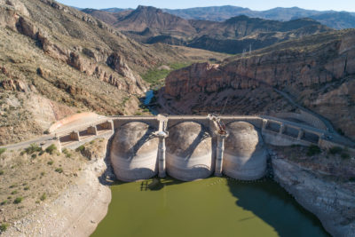 The Coolidge Dam in Arizona forms the San Carlos Reservoir, which is now at historic lows. 