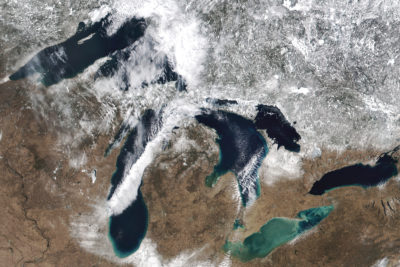 A satellite image of the Great Lakes on February 24, 2024.