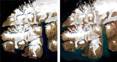 Glaciers and ice caps in northwest Greenland in 1973 (left) and 2022 (right). In the 50 years separating these photos, several glaciers have retreated. A dearth of snow in the second photo reveals darker, dirtier ice beneath. 