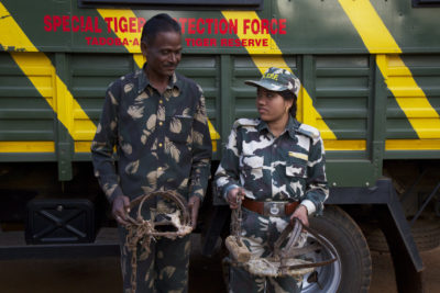 Government guards hold metal jaw traps discovered in the buffer zone outside an Indian tiger reserve.
