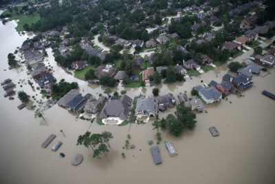 Flooded homes in Houston, Texas after Hurricane Harvey in August 2017.