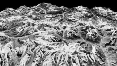 View of the Himalayas captured December 20, 1975 by a KH-9 HEXAGON spy satellite.