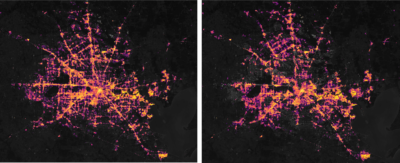 Satellite images of Houston, Texas before (left) and after (right) the February, 2021 cold snap reveal which areas lost electricity.