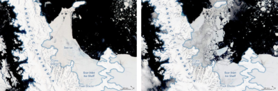 The Antarctic Peninsula on January 16, 2022 (left) and January 26, 2022 (right), after the Larsen B embayment broke up.