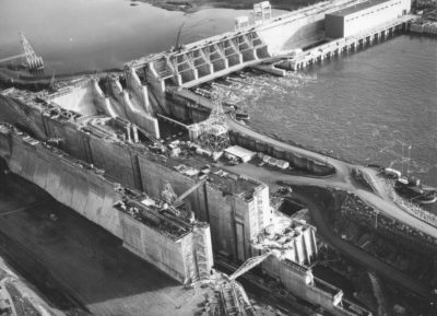 Construction of the Ice Harbor Lock and Dam on the lower Snake River, photographed between 1956 to 1962.