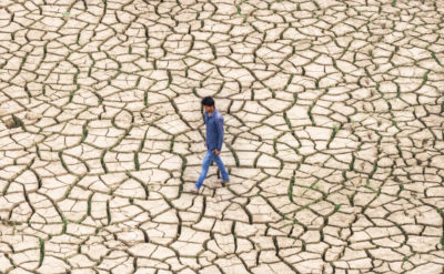 A dried riverbed in Allahabad, India during a 2014 drought.