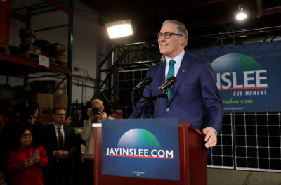 Inslee announcing his run for the Democratic presidential nomination on March 1 at a solar panel installation company in Seattle.