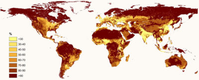 A map showing biodiversity intactness in 2015, with darker colors indicating more intact ecological community composition.