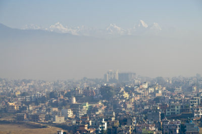 Smog shrouds the Kathmandu Valley in Nepal, in the foothills of the Himalayas.