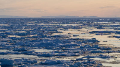 Accumulations of floating ice in the Fram Strait off the coast of northeastern Greenland.