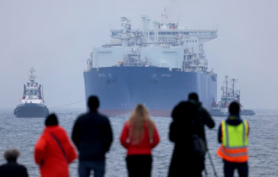A Norwegian regasification vessel arrives in Sassnitz, Germany. The ship turns imported liquefied natural gas (LNG) from a liquid back into a gas .