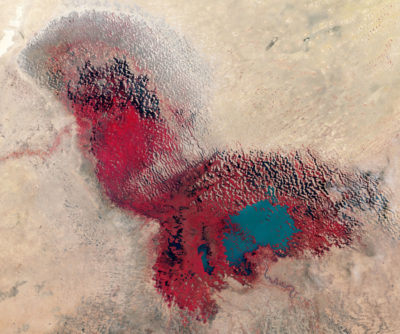Satellite images of Lake Chad in 1973 (left) and 2017 (right) show the lake's shrinkage. Areas covered in vegetation are shaded in red.
