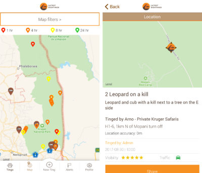 The app Latest Sightings maps real-time wildlife sightings by tourists in South Africa's Kruger National Park. 