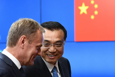 Chinese Prime Minister Li Keqiang (right) with European Council President Donald Trusk at a business summit in Brussels last week.