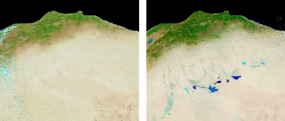 False-color images of the Cyrenaica region of Libya before and after a spate of heavy rainfall in September inundated low-lying areas. The coastal city of Al Bayda recorded 16 inches in one day, while the nearby city of Derna saw 4 inches of rain, more than it typically receives in all of September. Heavy rainfall led to the collapse of two dams in Derna, flooding the city.