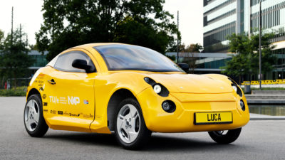 A new electric vehicle — nicknamed Luca — made entirely out of recycled waste.