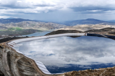 A cyanide pond at the Chopra gold mine near the Euphrates River in Turkey. Cyanide, used to separate gold from ore, began leaking from the site in 2022, and in 2024 nine workers were buried and killed in a landslide of contaminated soil. 