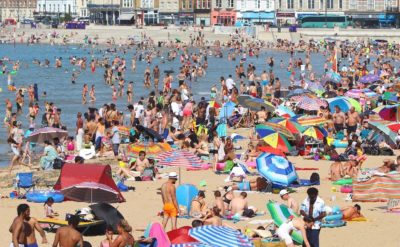 Beachgoers in Margate, England, during a record heat wave on July 19, 2022.