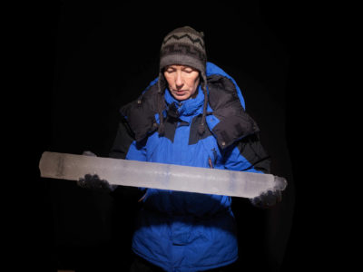 Margit Schwikowski holds an ice core from the Corbassière glacier in the Alps, September 2020.