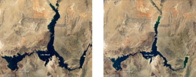Lake Mead on the Nevada-Arizona border in August 2000 (left) and August 2021 (right). The southwest is in the 22nd year of a megadrought. 