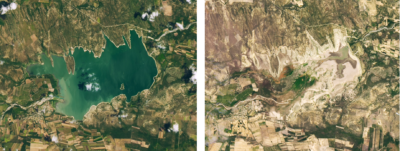 Mexico's Cerro Prieto reservoir in July 2015 (left) and July 2022 (right), after dropping to less than 1 percent of its capacity amid a brutal drought exacerbated by climate change. In mid-summer, two-thirds of Mexico was experiencing drought, with more than 21 million people affected.