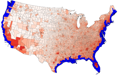 U.S. counties that would be impacted by six feet of sea level rise are shaded in blue. Inland counties are shaded in red according to how many migrants they would receive from coastal areas. 