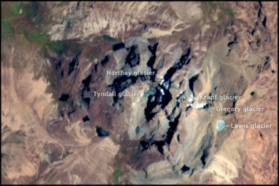 A satellite image of glaciers atop Mount Kenya.