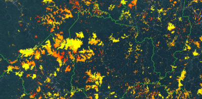 Coal companies conducted widespread mountaintop removal mining [seen here in yellow and red] from 1985-2015 at the intersections of Perry, Knot, and Breathitt counties in Kentucky.