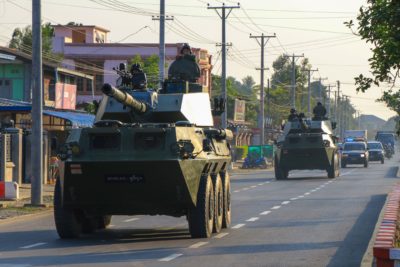 Armored vehicles drive through Myitkyina, Kachin State on February 3, 2021, shortly after the military coup. 