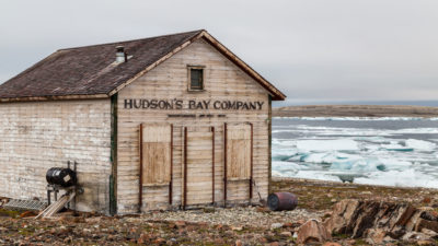 An abandoned Hudson's Bay trading post on Somerset Island that was shut down in 1948 because supply ships could not get through the thick sea ice.