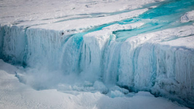 Meltwater runs off the Nansen Ice Shelf in Antarctica.