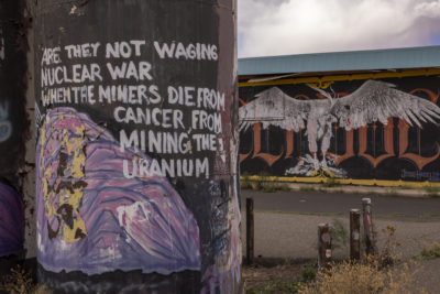 A mural on the Navajo Nation near Cameron, Arizona, cites cancer deaths among uranium workers.

