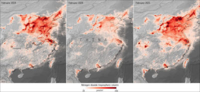 Nitrogen dioxide levels in China in February of 2019, 2020, and 2021.