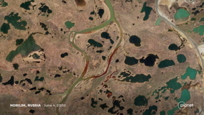 A satellite view of the oil spill outside of Norilsk, in the Russian Arctic, on June 4.