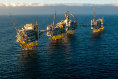 An Equinor offshore oil drilling platform in the North Sea, near Norway. 