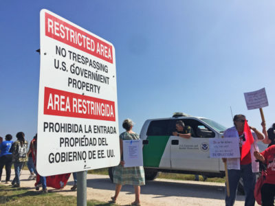 Activists march near the Lower Rio Grande Valley National Wildlife Refuge on February 16, protesting the construction of new border wall segments.