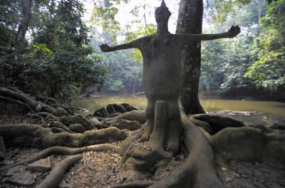 The Osun Sacred Forest, one of the last remaining primary high forests in southern Nigeria, contains statues to deities, like this one honoring Osun, the Yoruba fertility goddess.